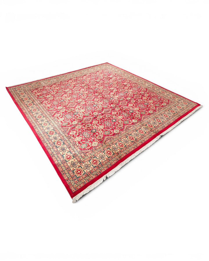 Red Polychrome Lattice Jaldar Square Rug, Hand-Knotted Pakistani Wool