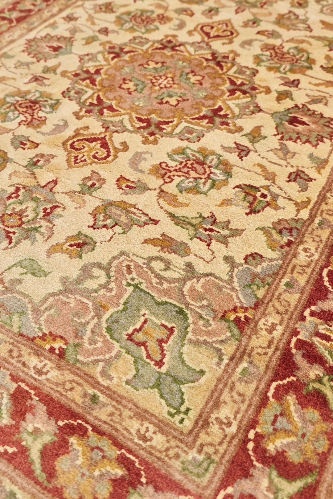 Cream and Brick Red Medallion Tabriz, Hand-Knotted Wool and Silk Rug