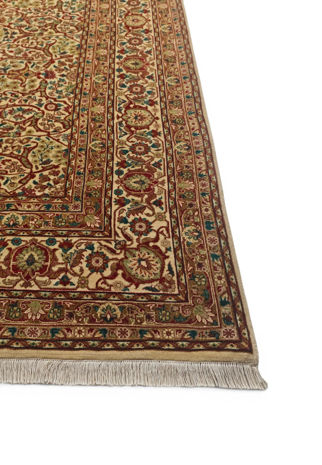 Cream and Red Floral Lattice, Hand-Knotted Wool Rug