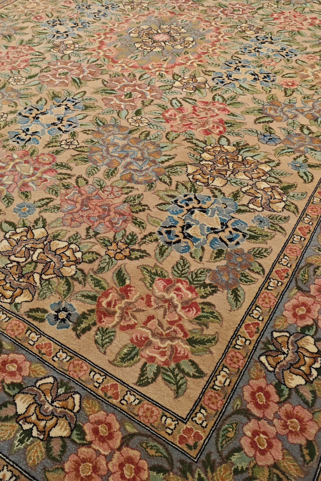 Camel and Pink Rose Floral, Hand-Knotted Wool Rug