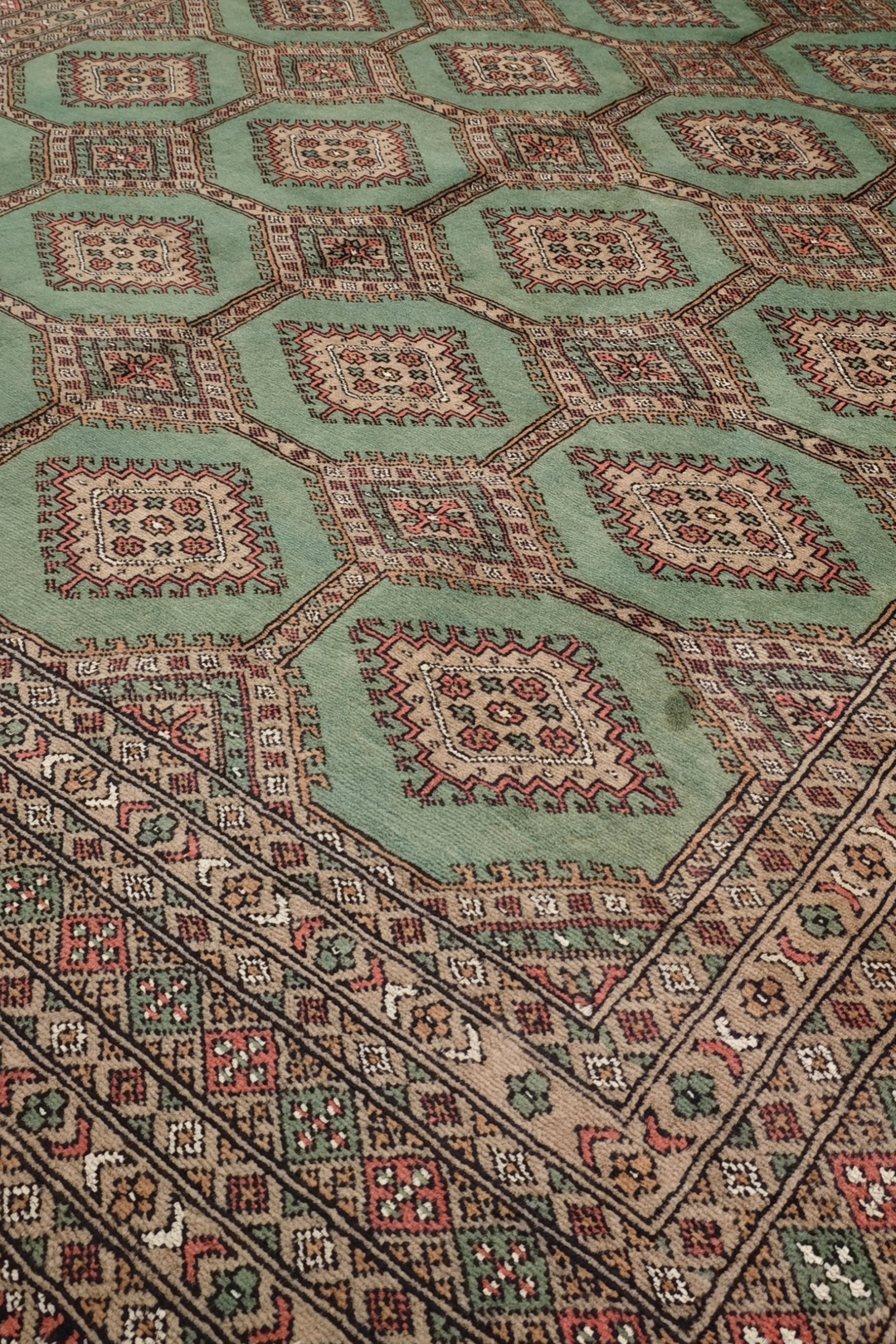 Sage Green and Taupe Compartment Lattice Bokhara, Hand-Knotted Wool Rug