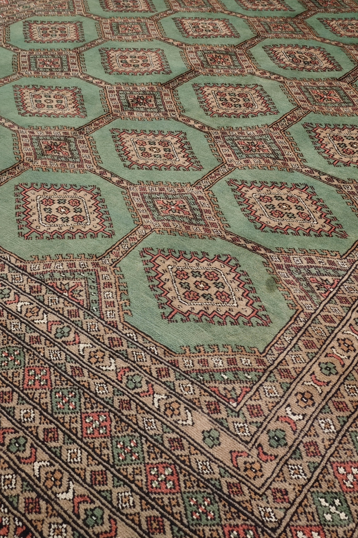 Sage Green and Taupe Compartment Lattice Bokhara, Hand-Knotted Wool Rug