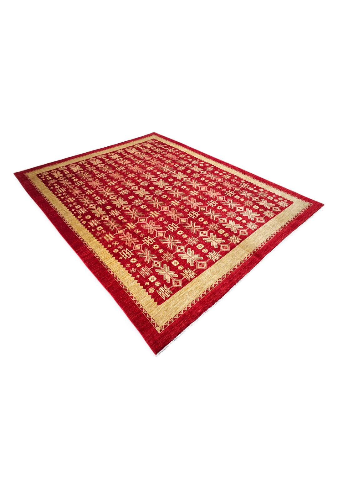 Bright Red and Wheat Gold Lattice Ghazni, Hand-Knotted Wool Rug