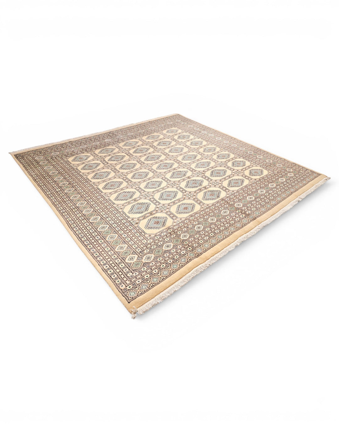 Camel Turkmen Gül Bokhara Square Rug, Hand-Knotted Pakistani Wool