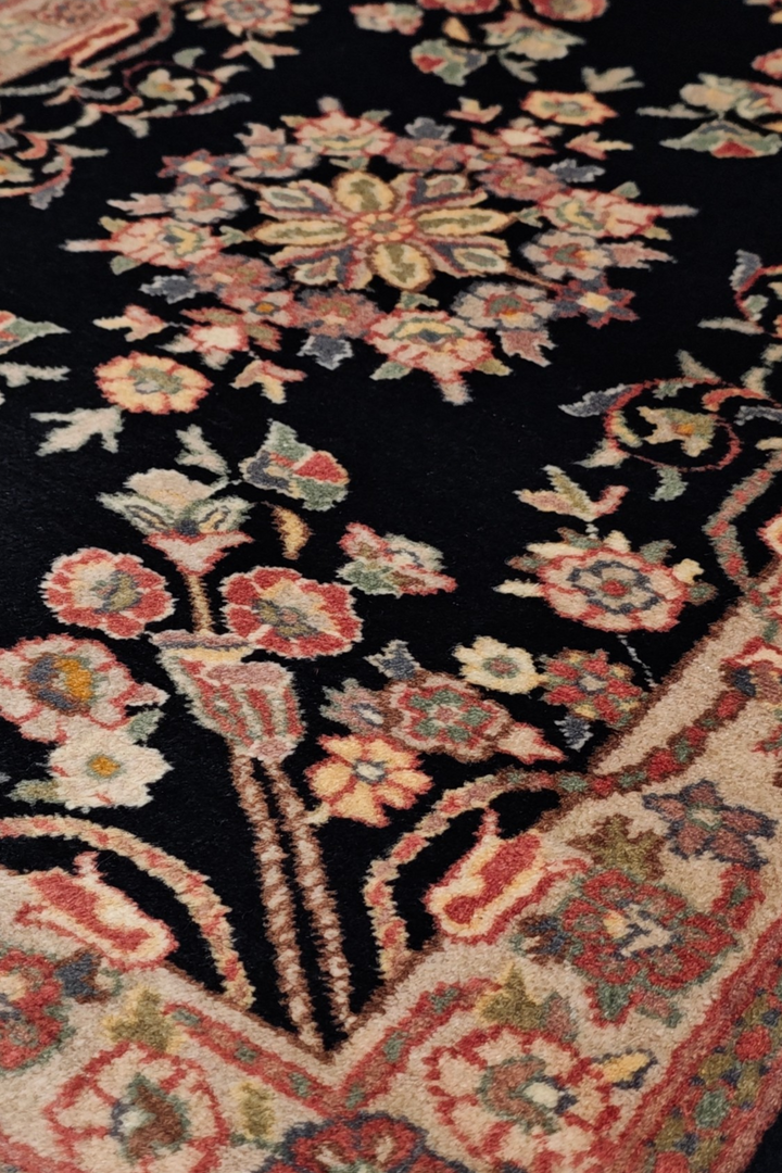 Black and Cream Kashan Floral Medallion, Hand-Knotted Wool Rug