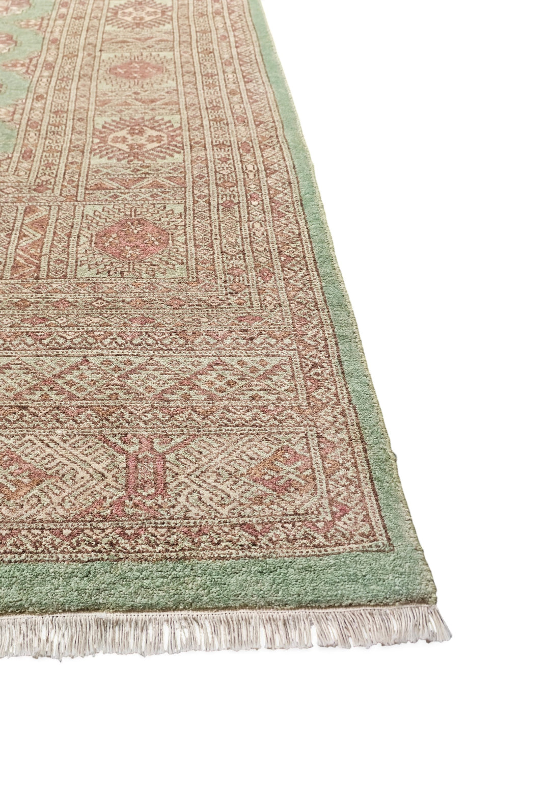 Sage and Rose Turkmen Gül Bokhara, Hand-Knotted Wool Rug