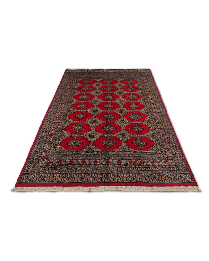 Bright Red and Sand Jaldar Lattice Gül, Hand-Knotted Wool Rug