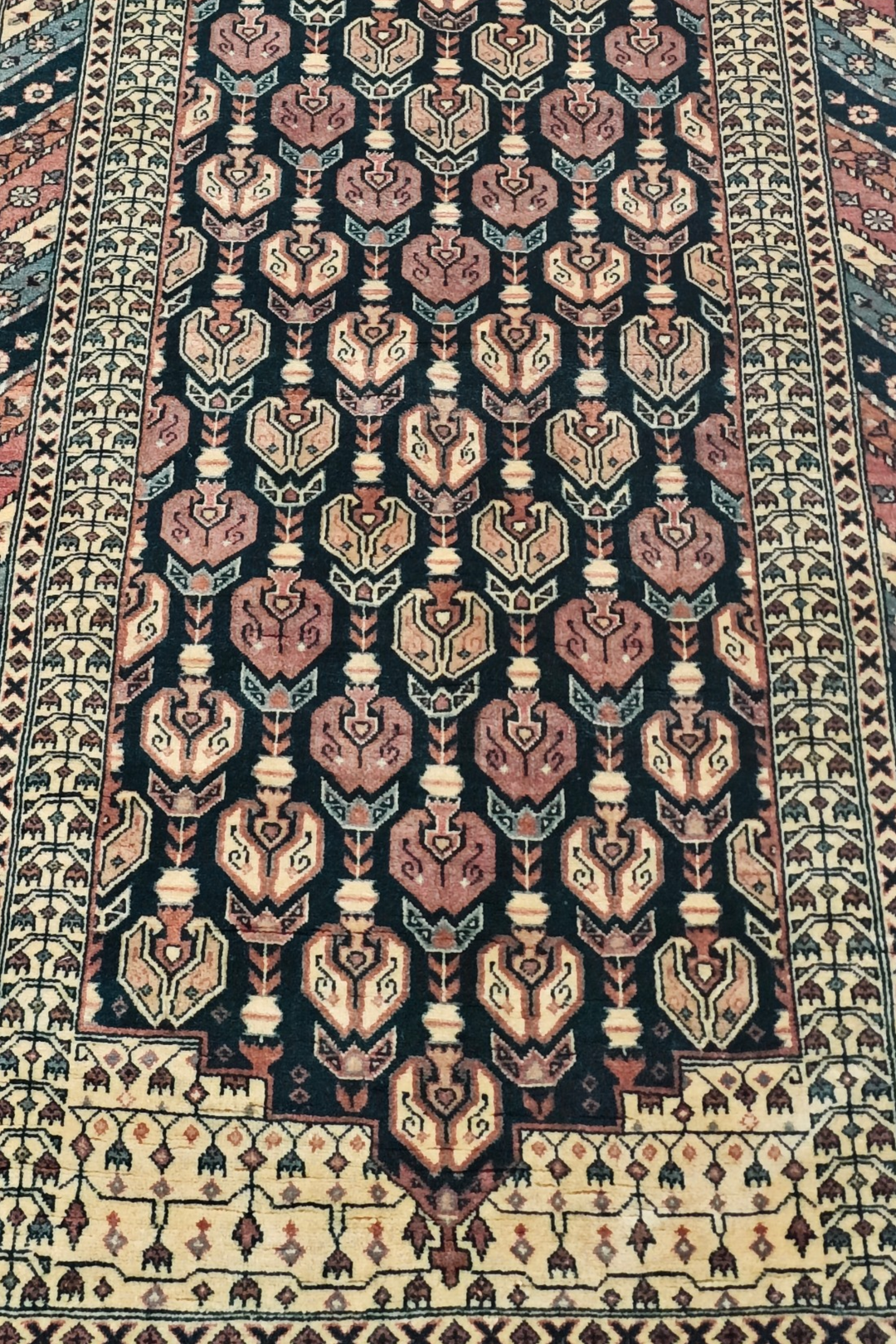 Navy and Dusty Rose Hereke Floral, Hand-Knotted Wool Rug