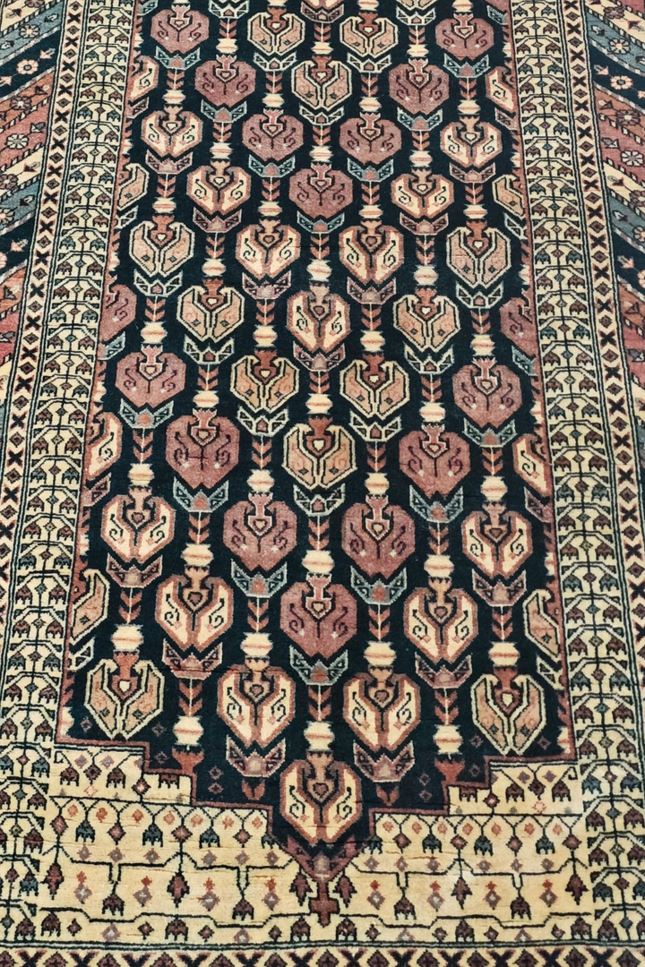 Navy and Dusty Rose Hereke Floral, Hand-Knotted Wool Rug