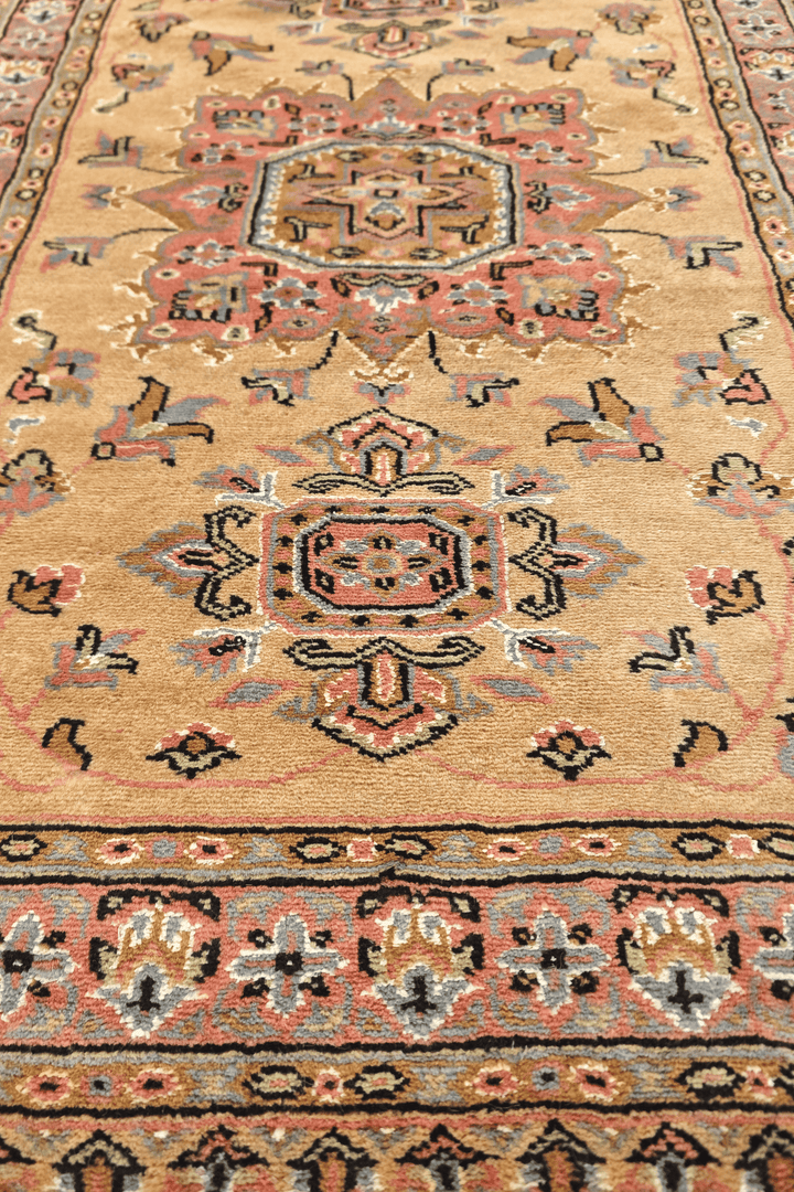 Golden and Rose Jaldar Medallion, Hand-Knotted Wool and Silk Rug