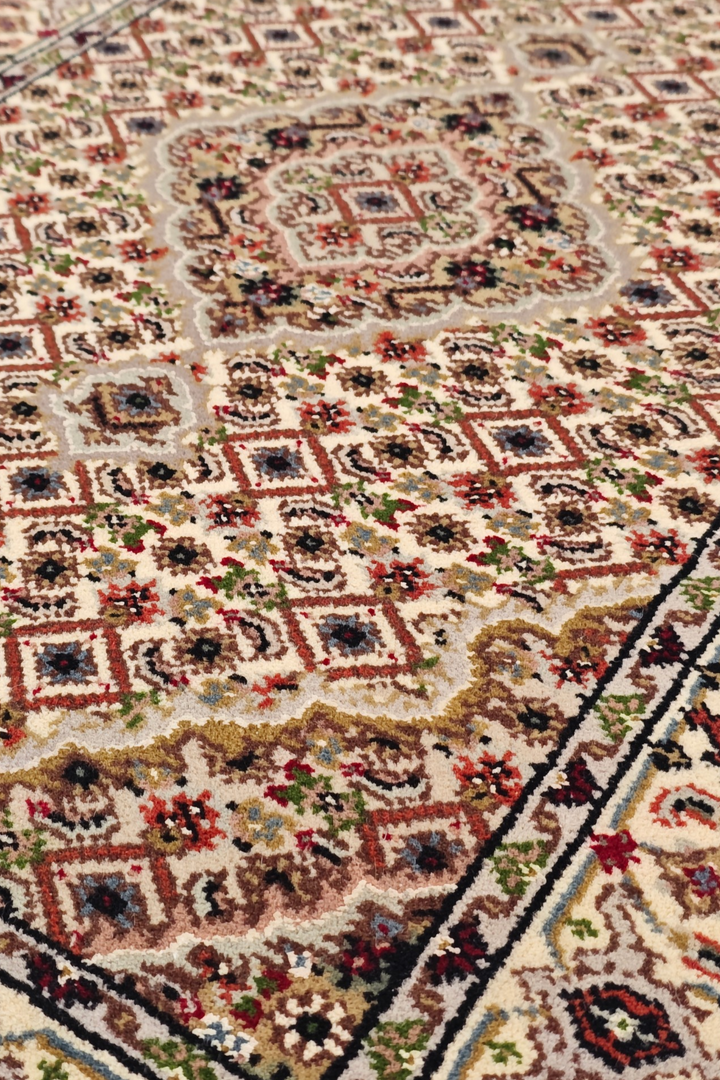 Ivory and Chestnut Mahi Medallion Tabriz, Hand-Knotted Wool Rug