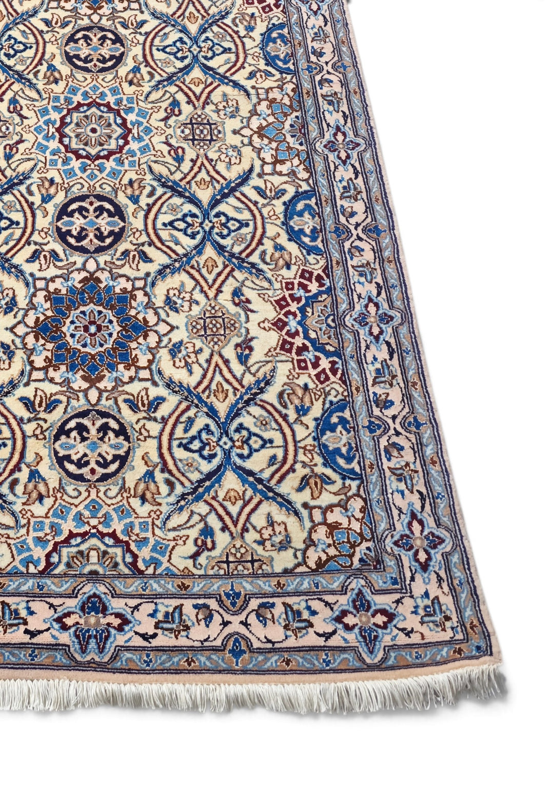 Ivory and Blue Lattice Medallion Nain, Hand-Knotted Wool Rug