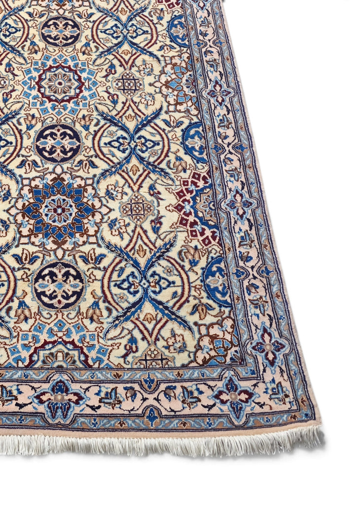Ivory and Blue Lattice Medallion Nain, Hand-Knotted Wool Rug