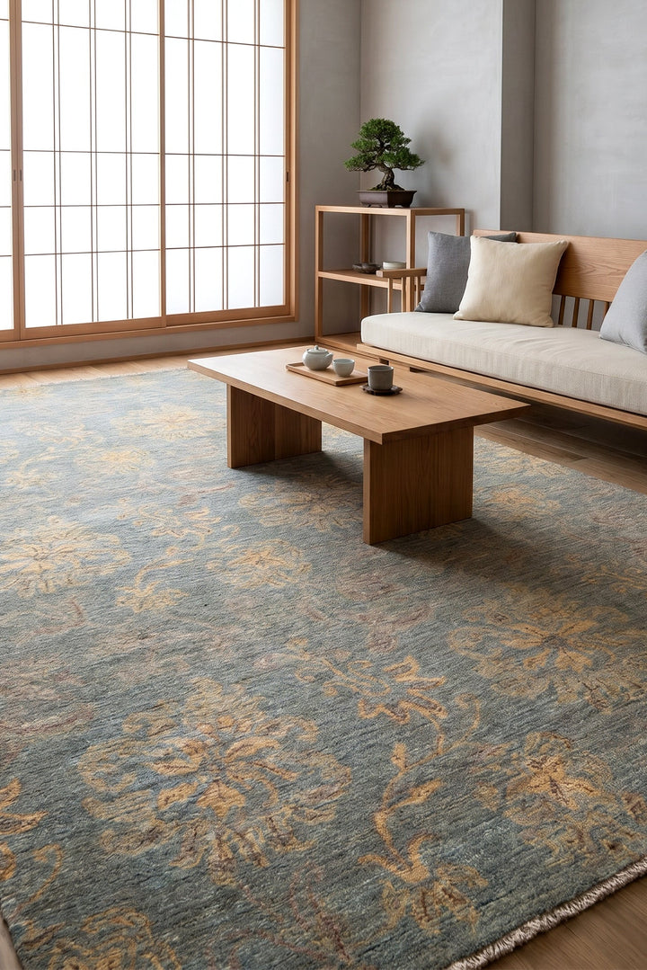 Celadon Blossom Gabbeh, Hand-Knotted Afghan Wool Rug