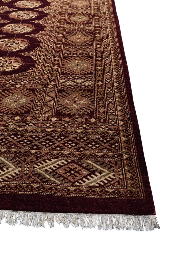 Aubergine and Tan Bokhara, Hand-Knotted Wool Rug
