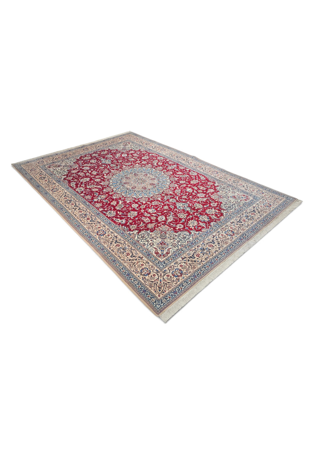 Red and Cream Medallion Nain Shesh La, Hand-Knotted Wool Rug