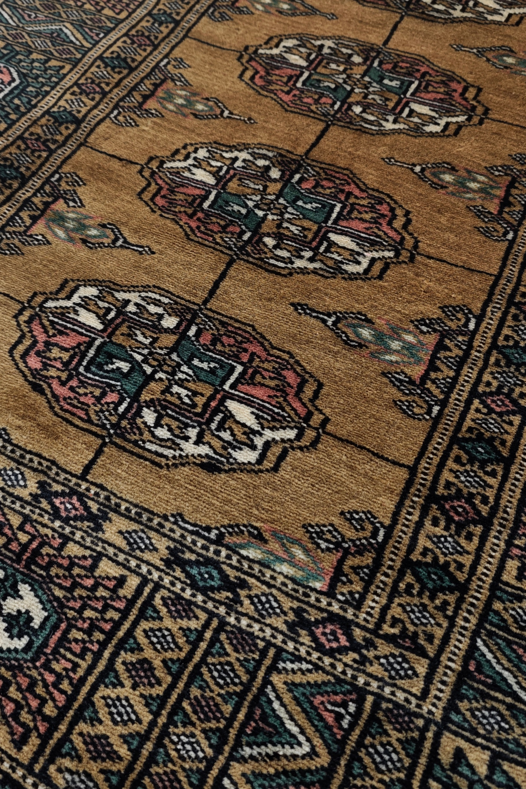 Camel and Teal Turkmen Gül Bokhara, Hand-Knotted Wool Rug