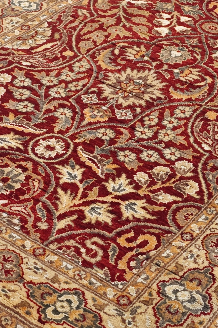 Deep Red and Cream Arabesque Lattice, Hand-Knotted Wool and Silk Rug