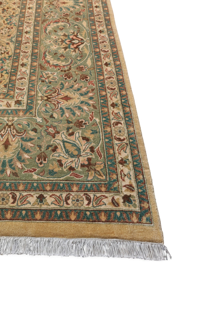 Wheat and Sage Hereke Floral, Hand-Knotted Wool Rug