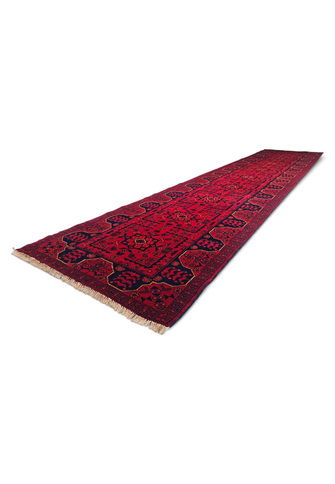 Cherry Red and Navy Khan Muhammadi Runner, Hand-Knotted Wool