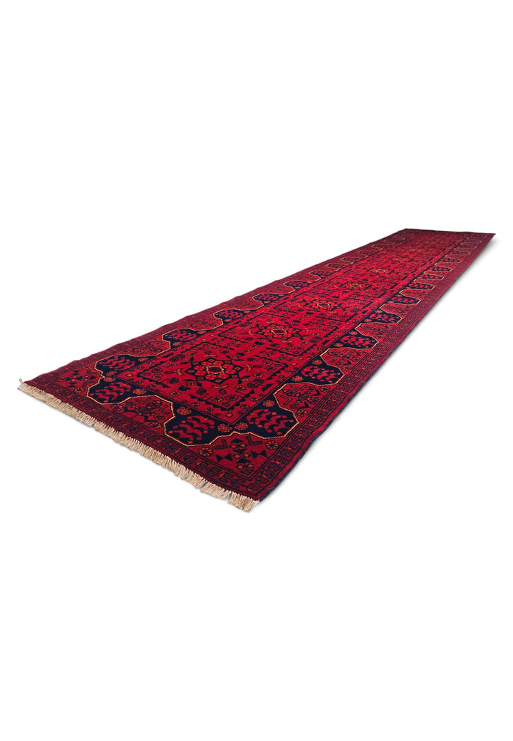 Cherry Red and Navy Khan Muhammadi Runner, Hand-Knotted Wool