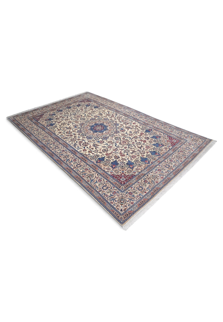 Ivory and Blue Star Medallion Nain, Hand-Knotted Wool Rug