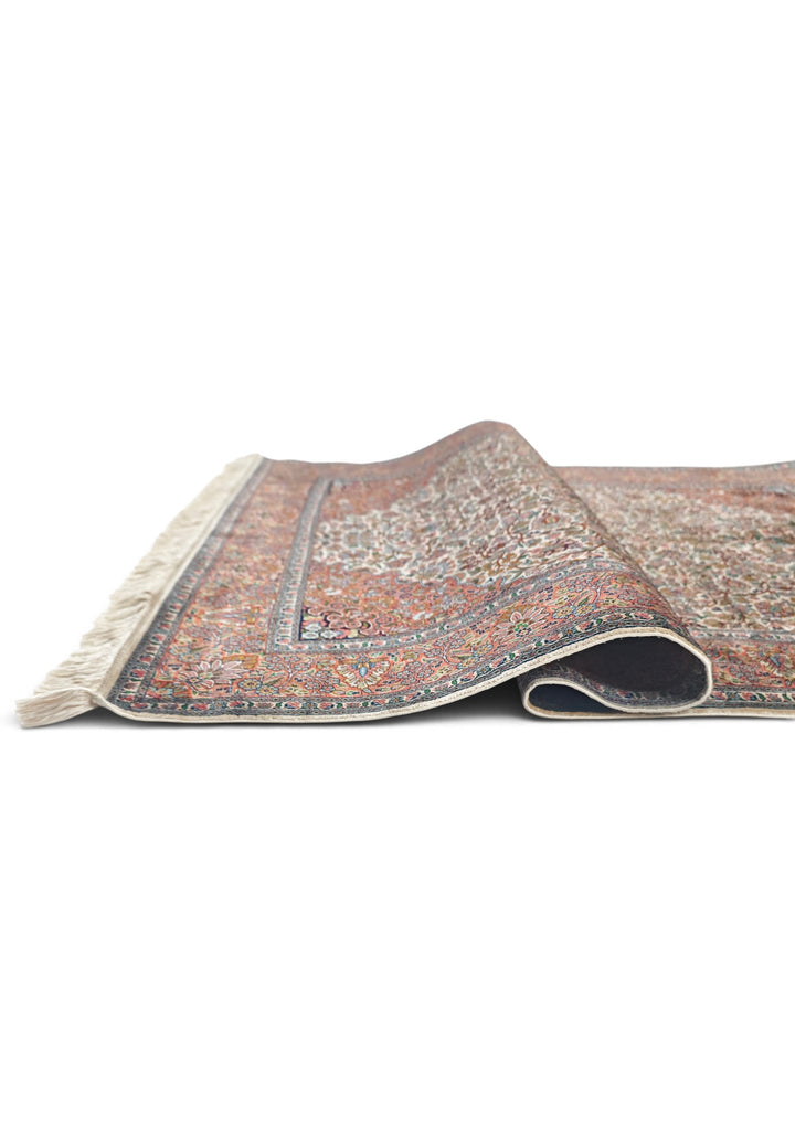 Cream and Rust Lobed Medallion, Hand-Knotted Silk Rug