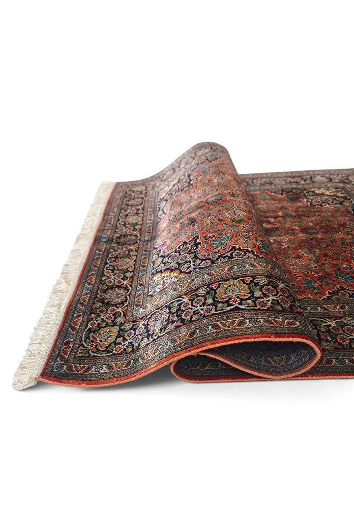Deep Red and Navy Cloudband Medallion, Hand-Knotted Silk Rug