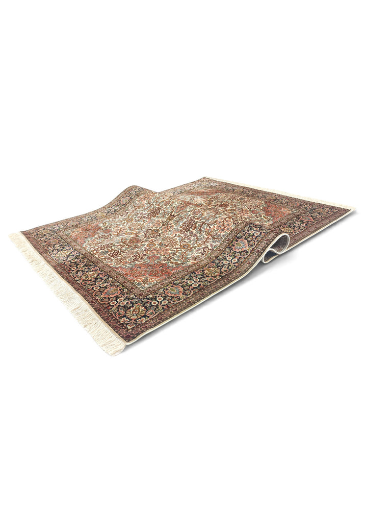 Ivory and Rust Floral Medallion, Hand-Knotted Silk Rug