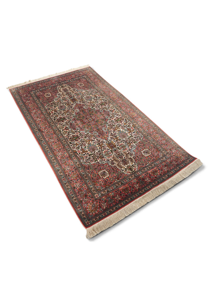 Ivory and Rose Lotus Palmette Medallion, Hand-Knotted Silk Rug