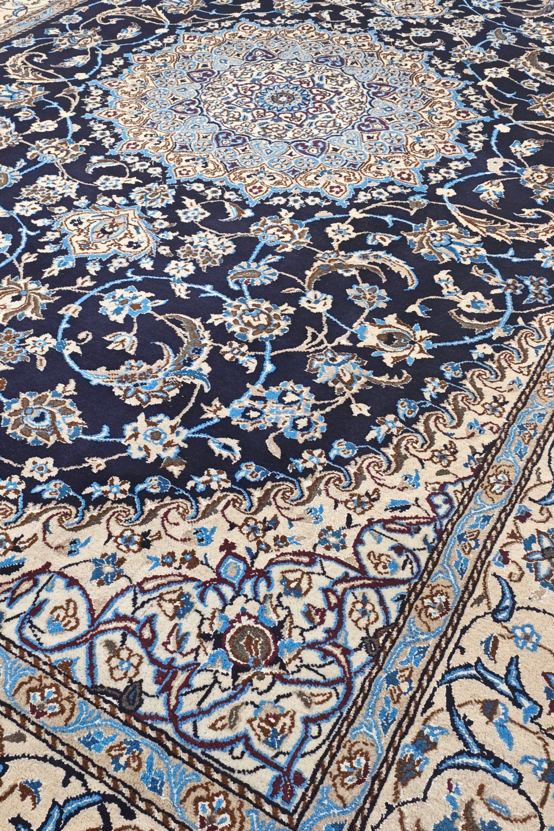 Navy &amp; Ivory Medallion Persian Nain, Hand-Knotted Wool Rug