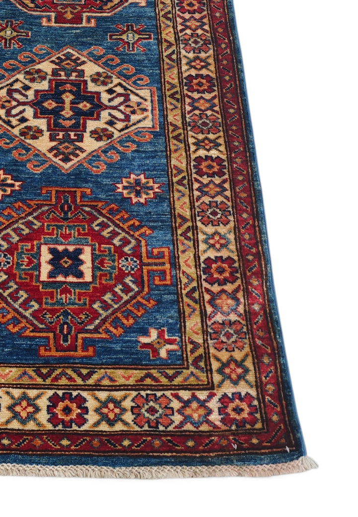Teal Blue and Cream Hooked Medallion Kazak, Hand-Knotted Wool Rug