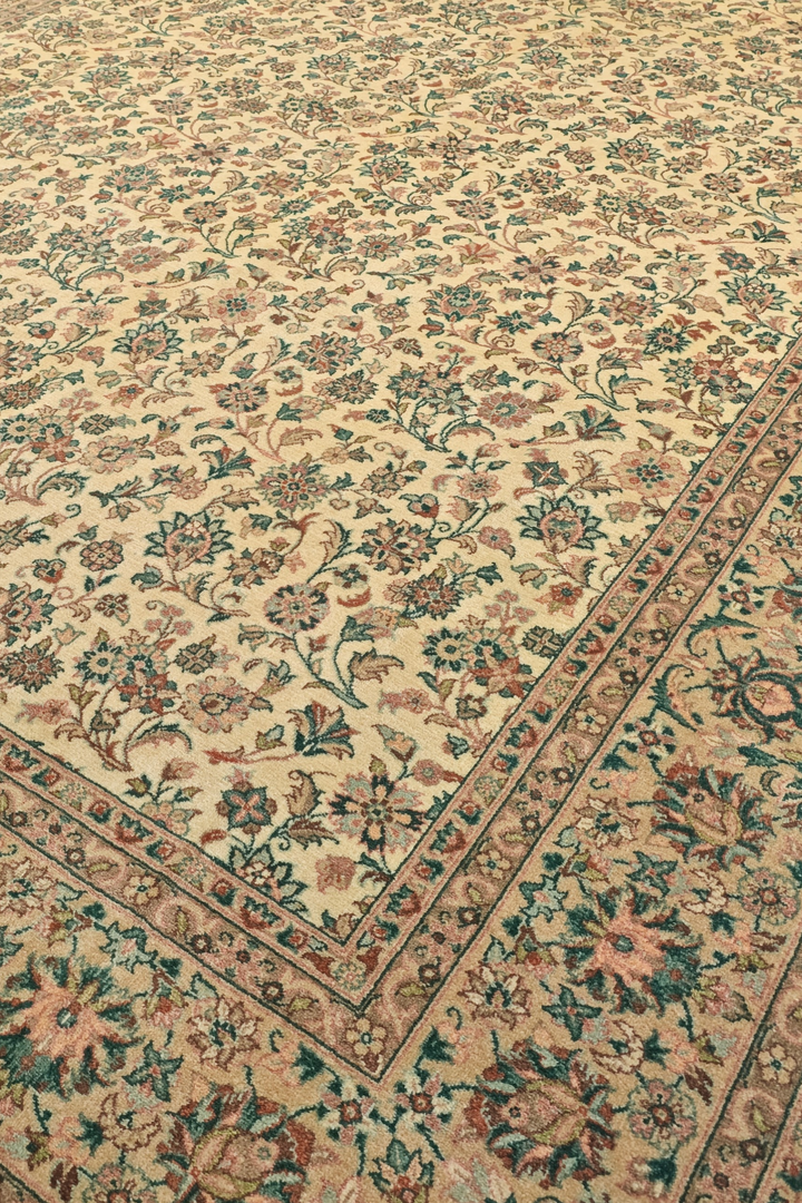 Cream and Green Floral Vine, Hand-Knotted Pakistani Wool Rug