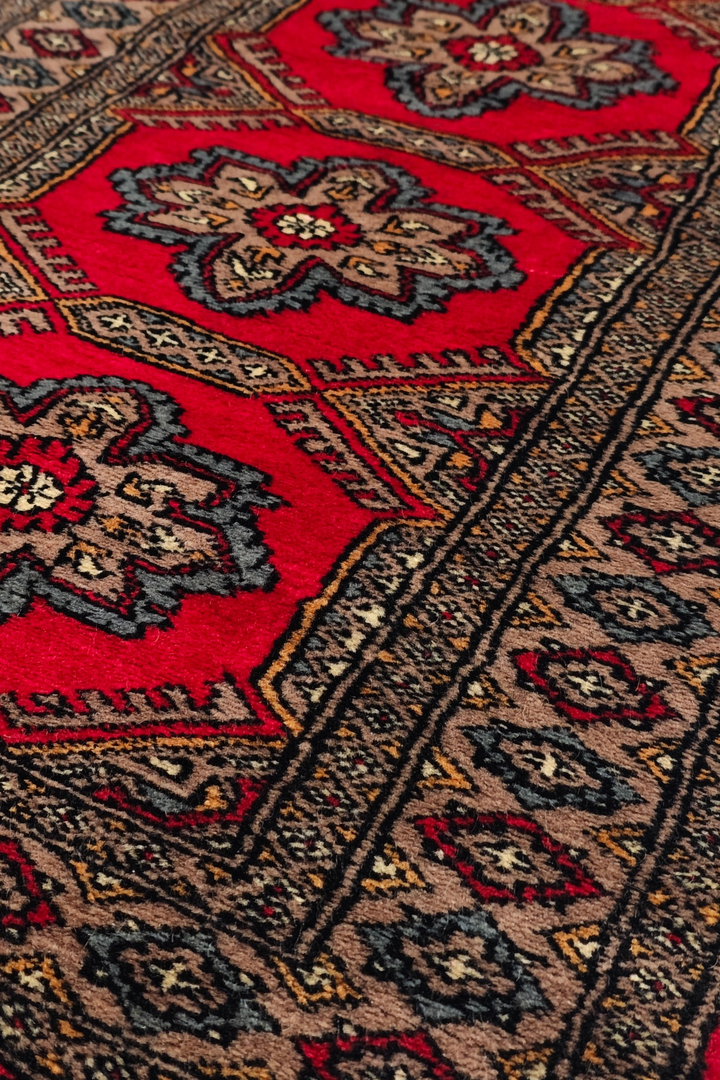 Crimson and Taupe Rosette Medallion, Hand-Knotted Wool Rug