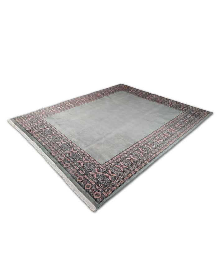 Sage Green and Rose Plain Field Bokhara, Hand-Knotted Wool Rug