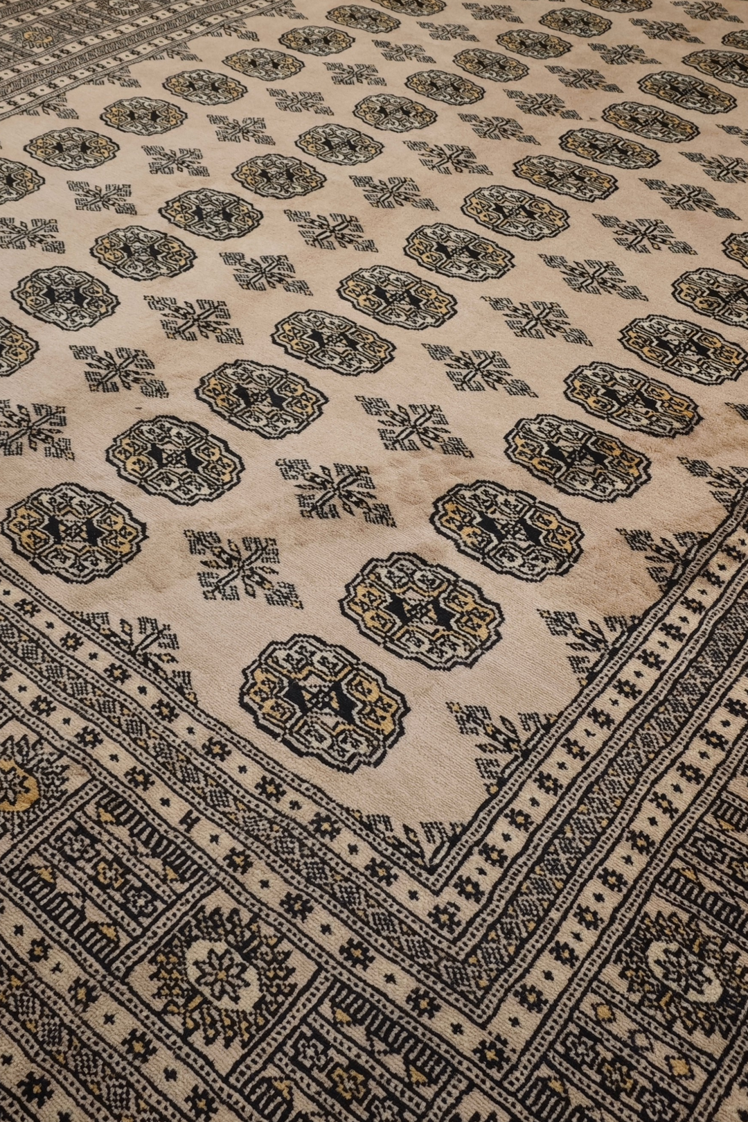 Sand and Espresso Gül and Tree Bokhara, Hand-Knotted Wool Rug