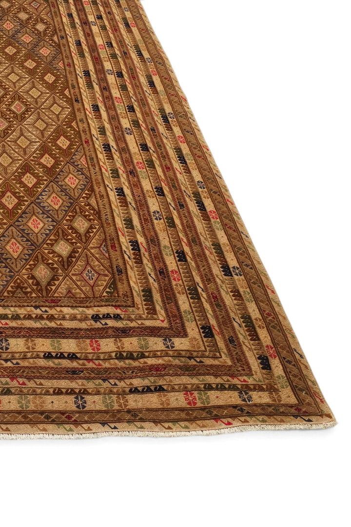 Camel and Brown Diamond Lattice Kilim, Hand-Woven Wool