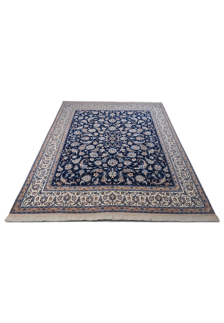 Navy and Ivory All-Over Arabesque Nain, Hand-Knotted Wool Rug