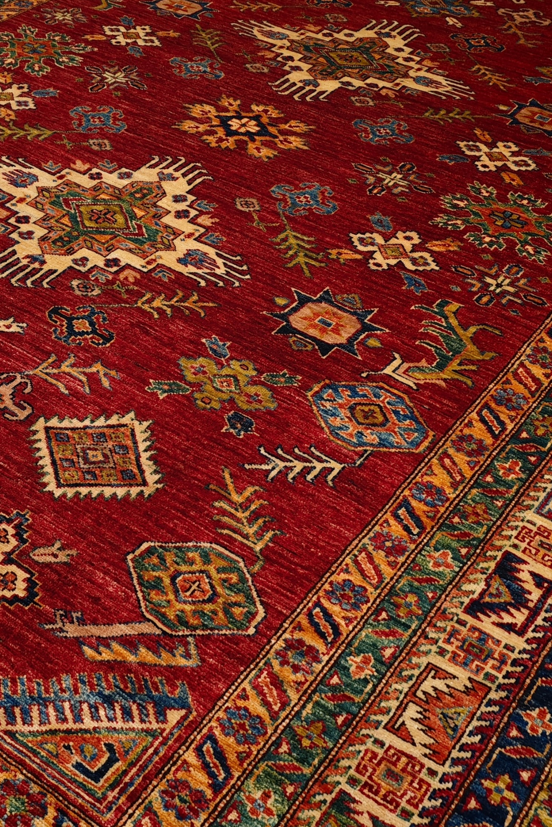Red &amp; Gold Tribal Kazak Rug, Hand-Knotted Afghan Wool