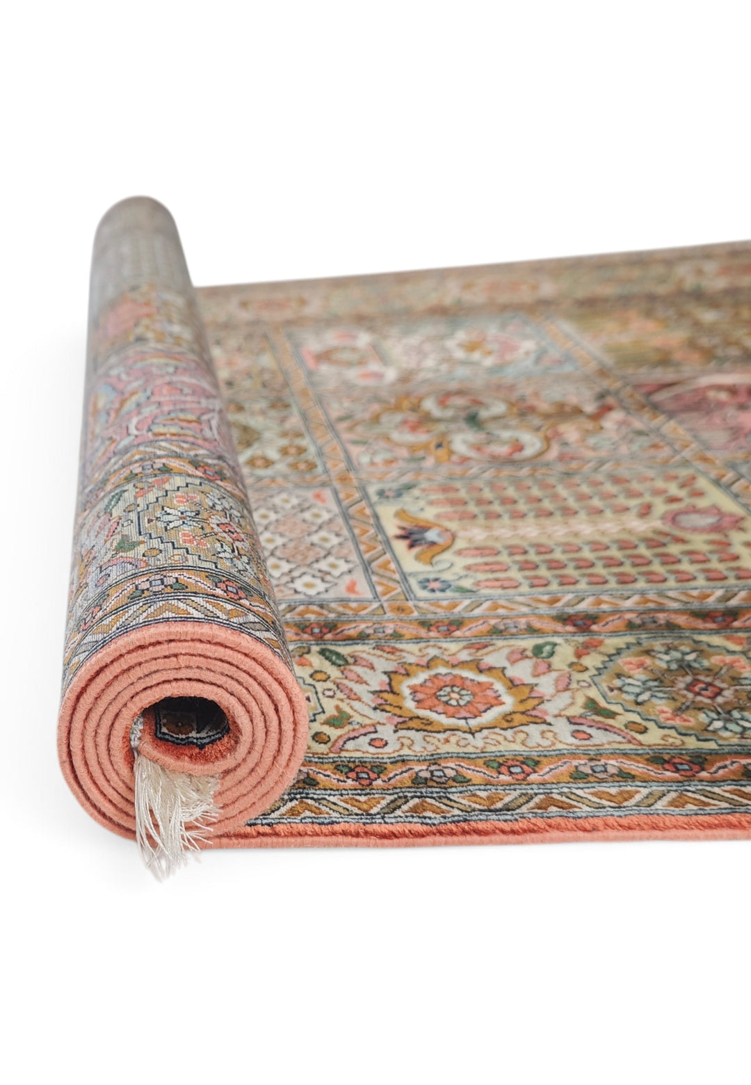 Taupe and Cream Khesti Garden Panel, Hand-Knotted Silk Rug