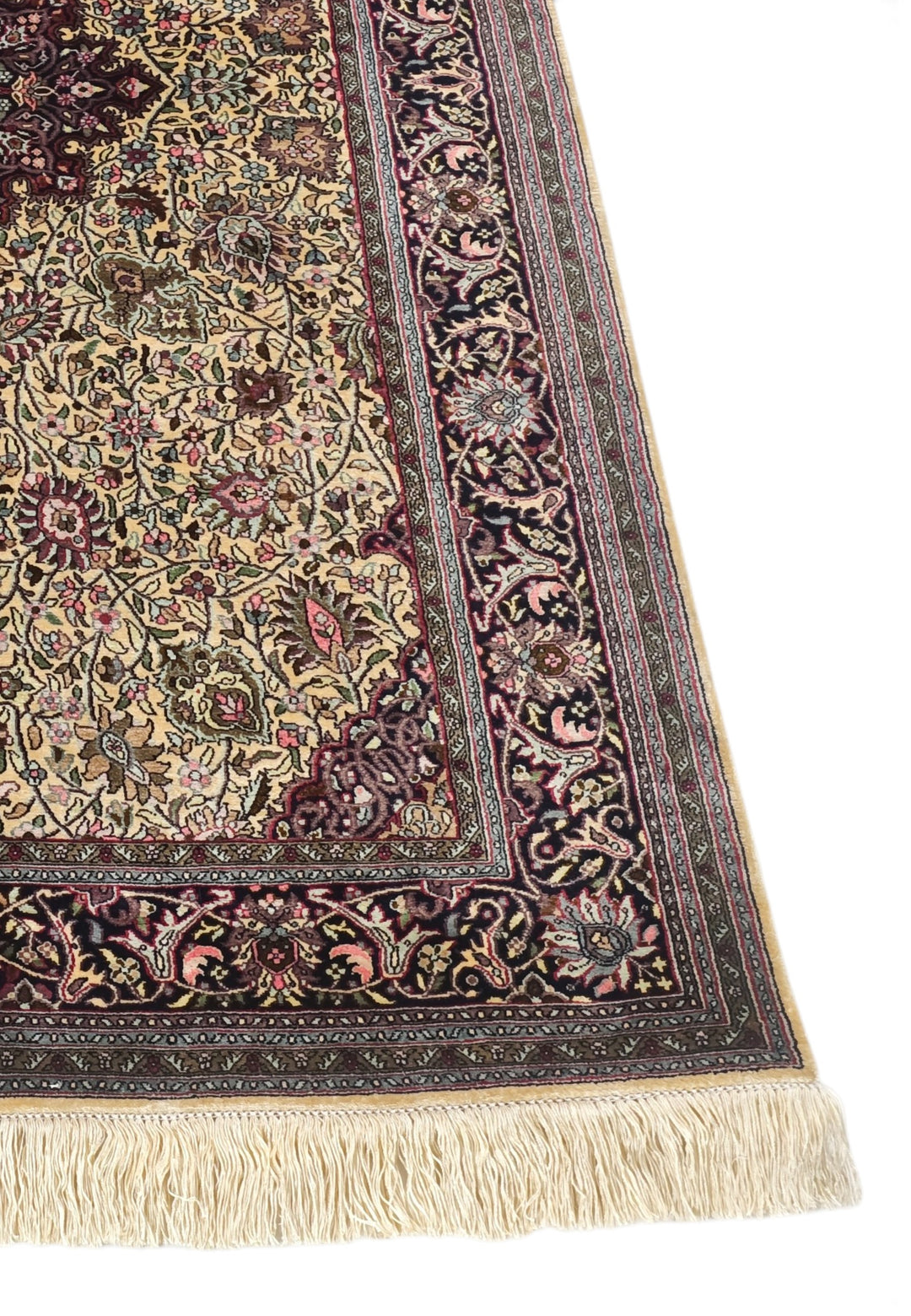 Gold and Deep Plum Shah Abbasi Medallion, Hand-Knotted Silk Rug