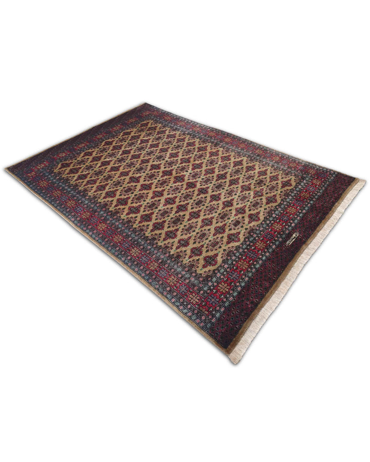 Camel and Wine Jaldar Diamond Lattice, Hand-Knotted Wool Rug