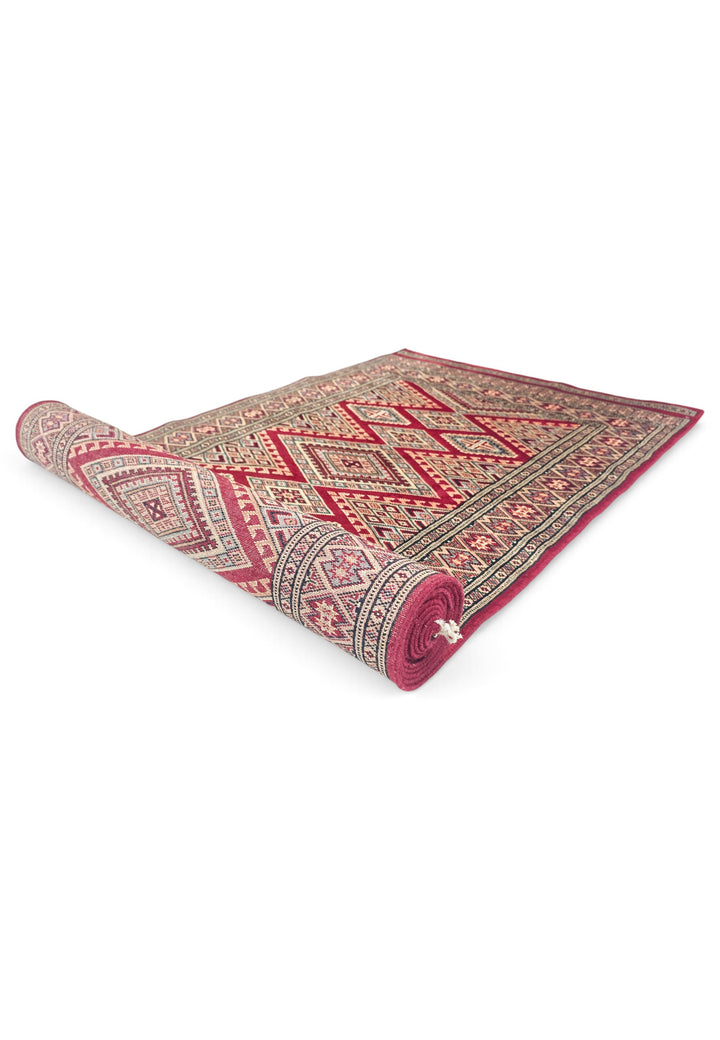 Wine and Cream Jaldar Lattice, Hand-Knotted Wool and Silk Rug