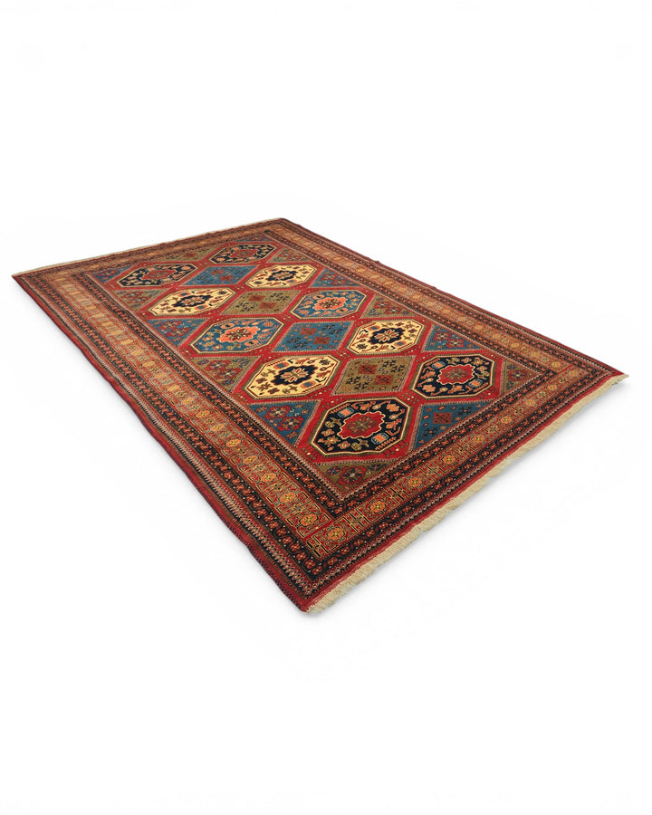 Burgundy &amp; Gold Compartment Rug, Hand-Knotted Afghani Sherwan