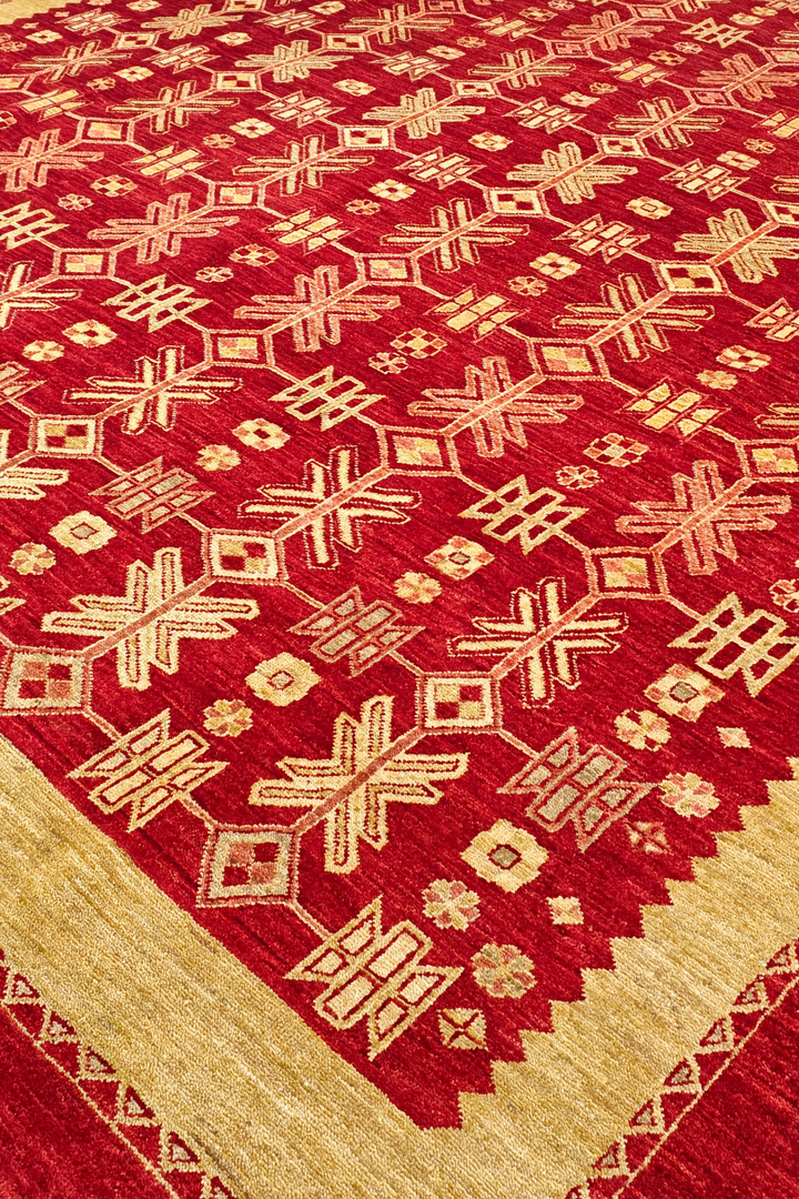 Bright Red and Wheat Gold Lattice Ghazni, Hand-Knotted Wool Rug