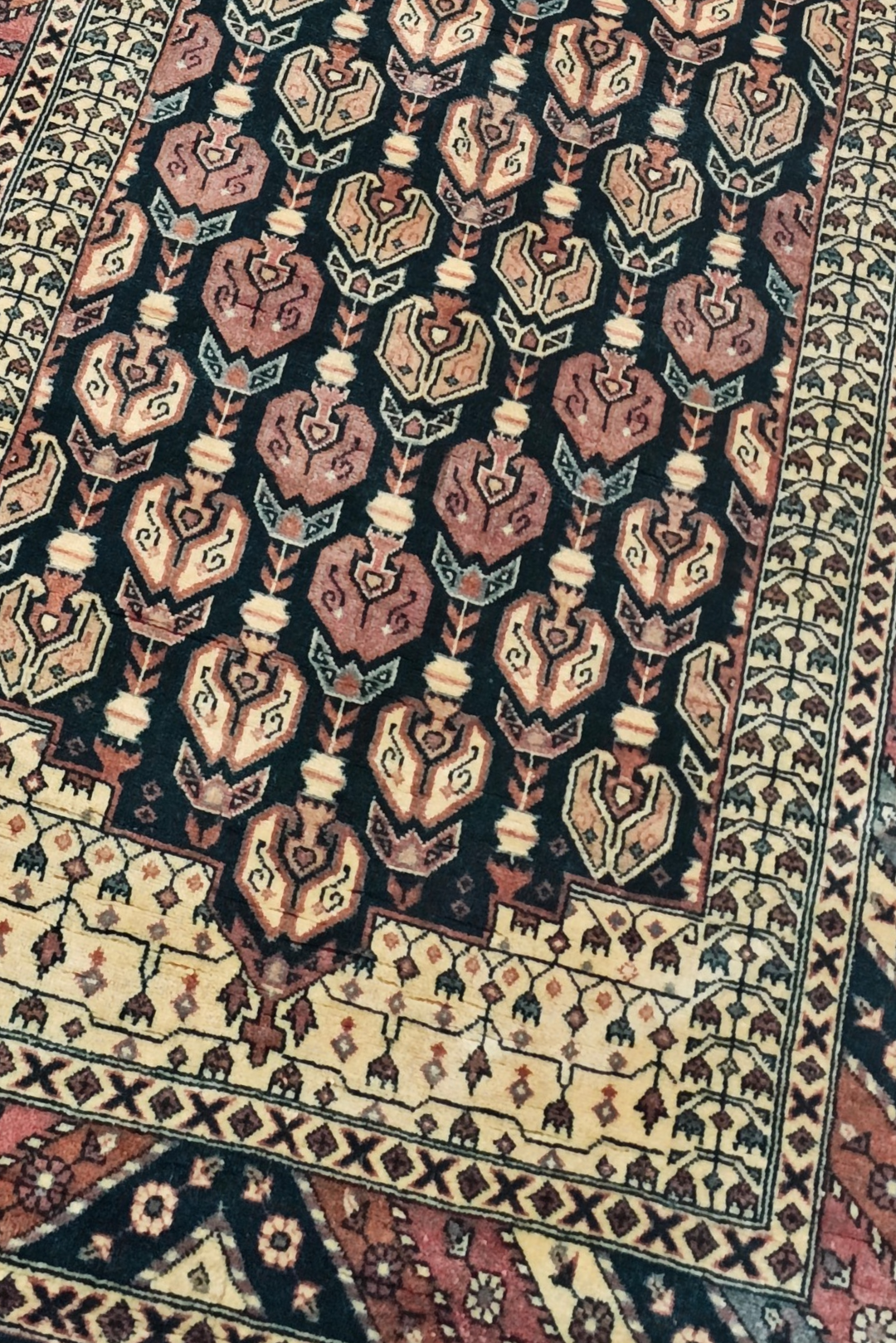 Navy and Dusty Rose Hereke Floral, Hand-Knotted Wool Rug