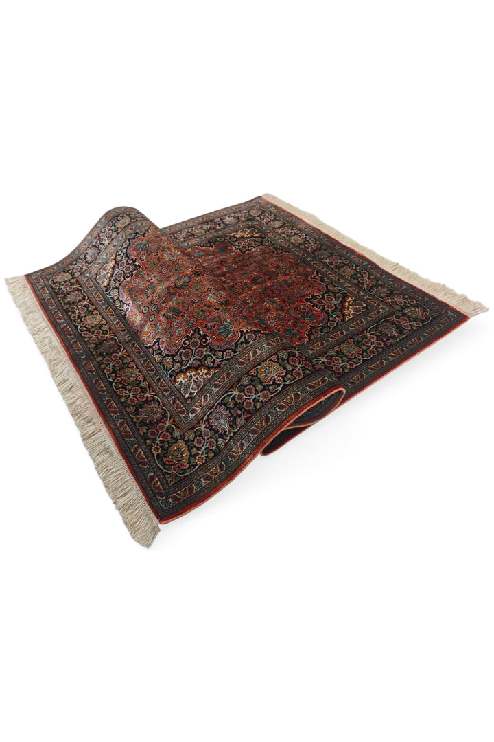 Deep Red and Navy Cloudband Medallion, Hand-Knotted Silk Rug
