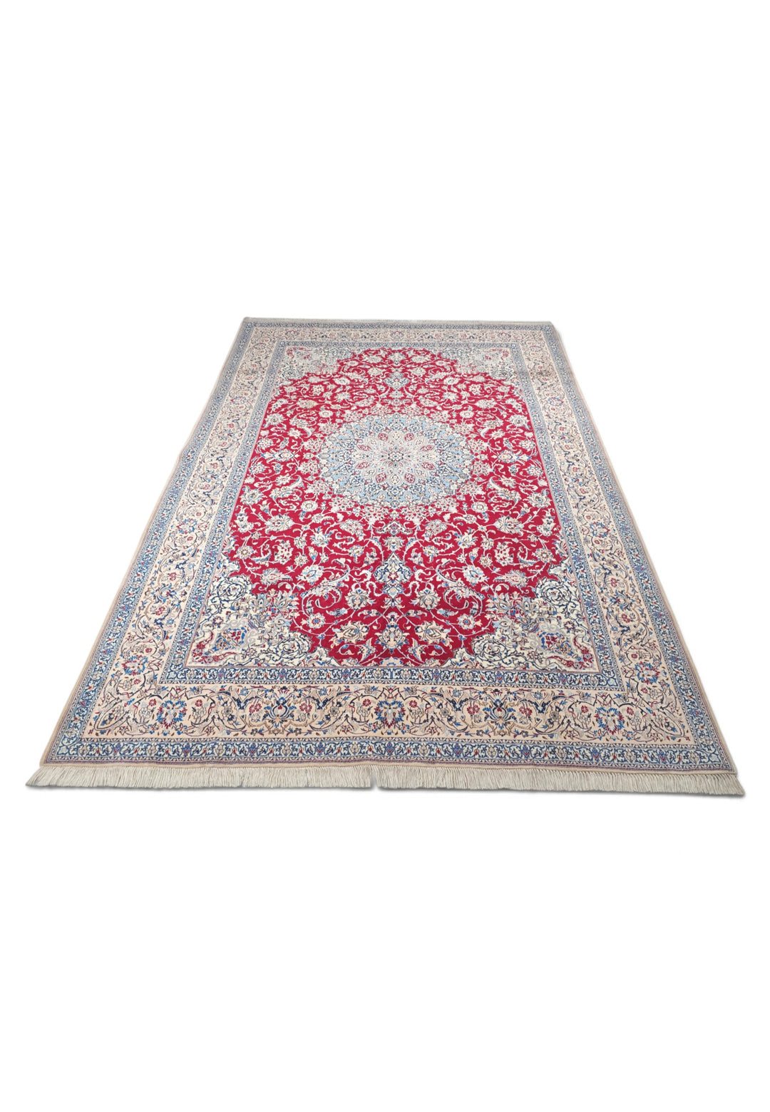 Red and Cream Medallion Nain Shesh La, Hand-Knotted Wool Rug