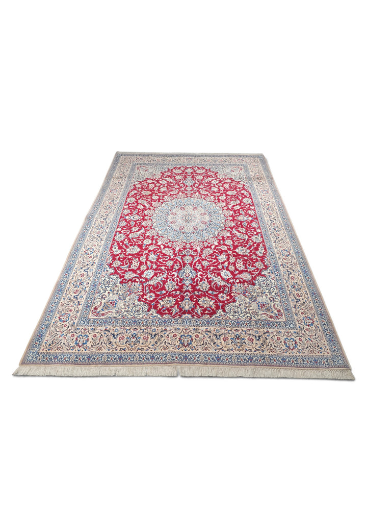 Red and Cream Medallion Nain Shesh La, Hand-Knotted Wool Rug