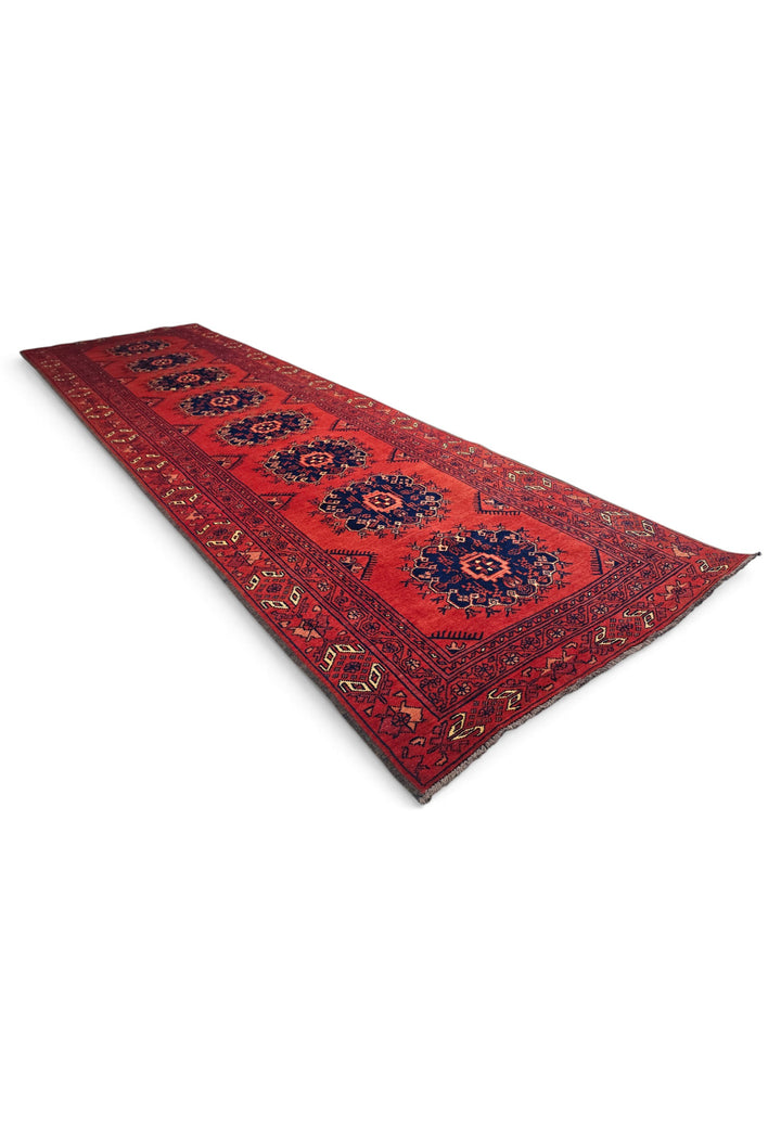 Red and Navy Khan Muhammadi Runner, Hand-Knotted Wool